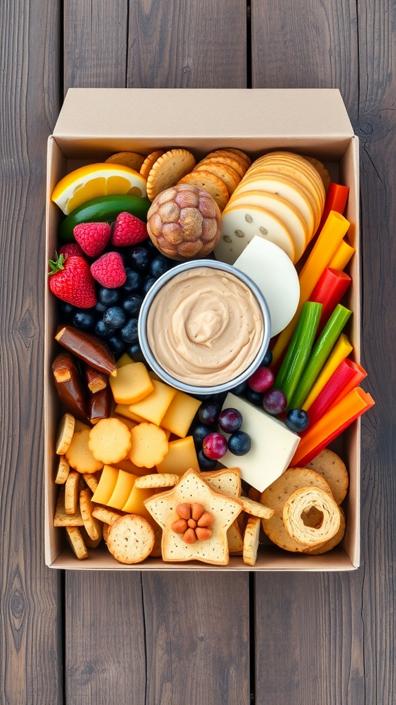 A colorful snack box with fruits, cheese, crackers, and hummus on a wooden table.